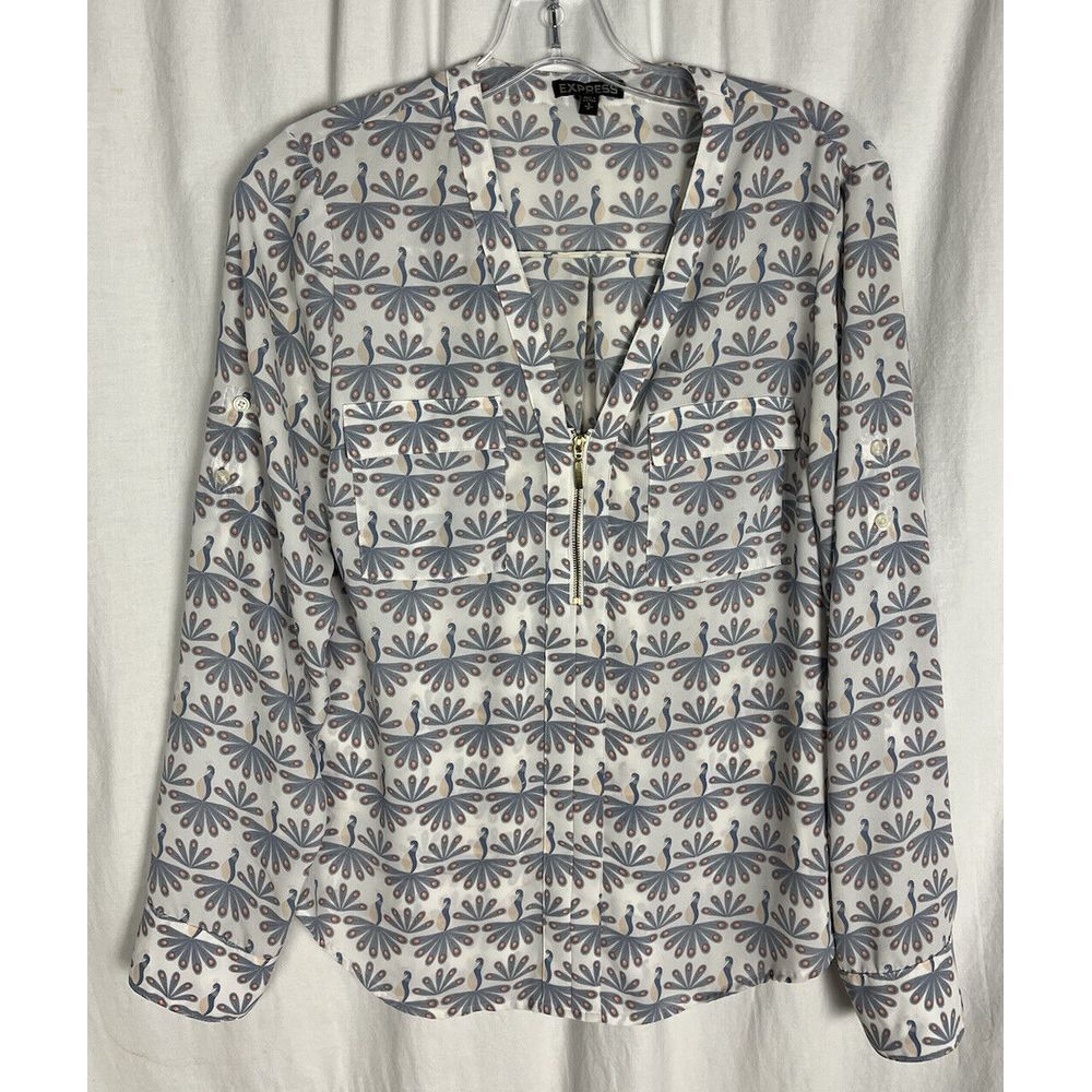 Express‎ Women's Peacock 1/4 Zip-Pocket Long Sleeve V-Neck Shirt Roll Tab S/P